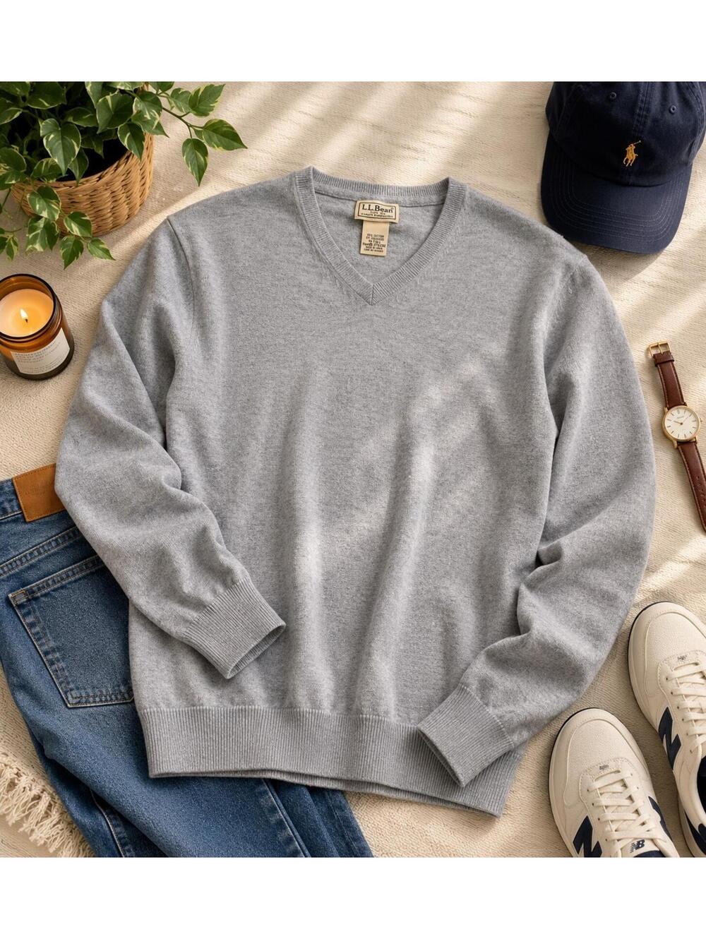 L.L.Bean Cashmere Blend V Neck Sweater Mens M Tall Gray Classic Soft Pullover